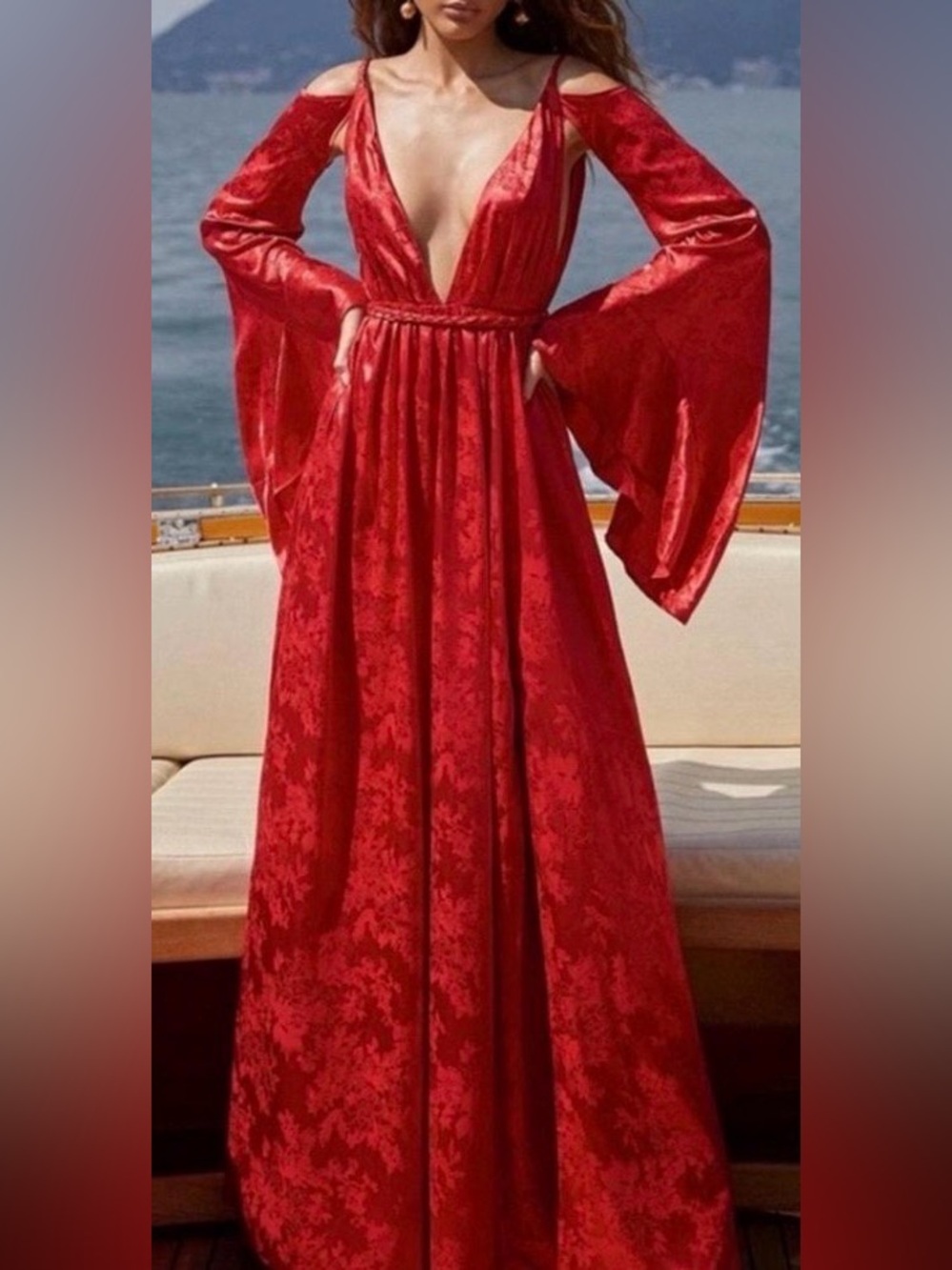 Alamour The Label Zenia Deep V-Neck Bell Sleeve Maxi Dress Red Size Medium